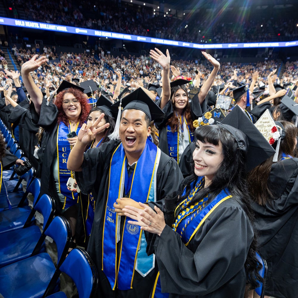 Students celebrate at UC Riverside’s College of Humanities, Arts, and Social Sciences Commencement Ceremony on Tuesday, June 18, 2024 at the Toyota Arena in Ontario.